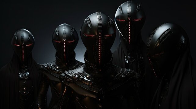 Group of robots with red illuminated seams - Mysterious and dramatic image of robots with red glows, portraying a sense of intimidation and high-tech
