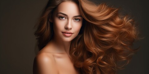 Obraz premium Beautiful laughing model girl with long curly hair. Studio shot. Beauty saloon. Selective focus. Generative AI.