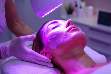 A woman lies on a massage table and undergoes facial treatment in a beauty salon with a microlook machine.