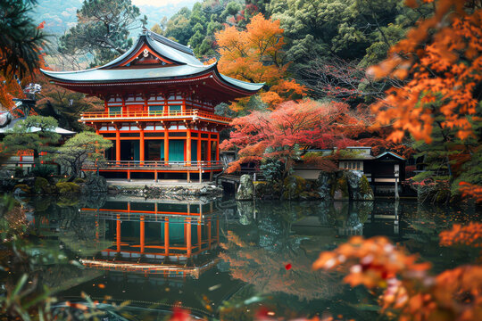 A beautiful Japanese garden with a red building in the background. The water is calm and the leaves are changing colors