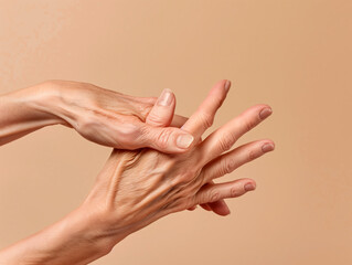 Fototapeta premium Human hand reaching out gesture on a beige background. Concept of assistance, connection, and human interaction. Design for social advertisement, poster, and healthcare communication with place for te