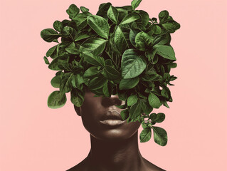 Person with a head covered in green leaves on a pink background. Concept of nature, growth, and human-nature connection. Design for environmental campaigns, wellness, and creative portraiture with spa