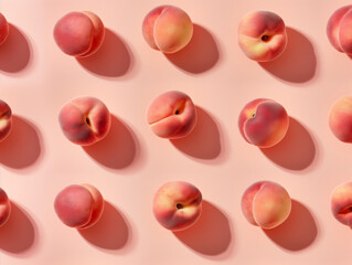 Rows of fresh peaches on a pink background. Concept of healthy eating, summer fruits, and agriculture. Design for food-related banner, poster, and background with copy space. Flat lay composition.