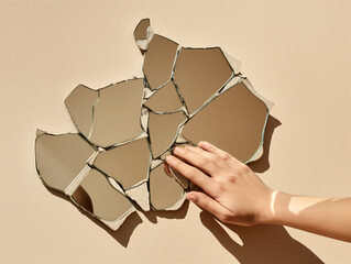 Human hand touching a broken mirror with pieces held together by tape on a beige background. Concept of resilience, recovery, and facing challenges. Design for motivational poster, overcoming adversit