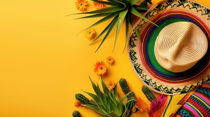 Colorful Mexican sombrero and cacti on yellow - Bright and cheerful arrangement featuring a traditional Mexican sombrero, cacti, and flowers on a yellow background