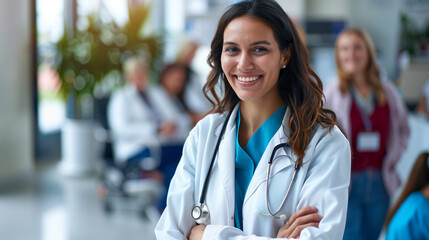 A confident female doctor in a crisp white coat and stethoscope smiles warmly in a bright hospital waiting room, framed by a backdrop of cheerful patients and soft ambient light. - obrazy, fototapety, plakaty