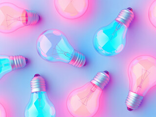 Scattered light bulbs with colorful pink and blue neon lights on a pastel background. Concept of creativity, brainstorming, and innovation. Design for energy, ideas, and futuristic technology poster w