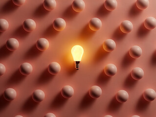 One illuminated light bulb among many off brown eggs on a terracotta background. Concept of uniqueness, leadership, and new ideas. Design for inspiration, leadership training, and thinking outside the