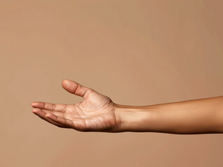 Human hand reaching out gesture on a beige background. Concept of assistance, connection, and human interaction. Design for social advertisement, poster, and healthcare communication with place for te