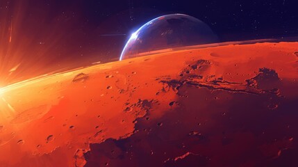 The crimson surface of Mars adorned with craters stands out against the glittering tapestry of the night sky showcasing the beauty of space - obrazy, fototapety, plakaty