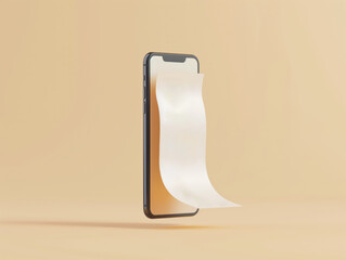 Smartphone with a scroll of white paper on a beige background. Concept of mobile app, online reading, and digital information. Design for application advertisement, banner, and poster with place for t