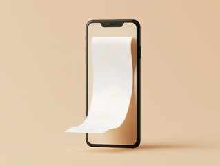 Smartphone with a scroll of white paper on a beige background. Concept of mobile app, online reading, and digital information. Design for application advertisement, banner, and poster with place for t