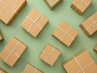 Multiple brown packages tied with white string on a green background. Concept of delivery, logistics, and e-commerce. Design for banner, advertisement, and web background with copy space. Flat lay com