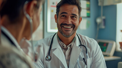 A compassionate male doctor in a pristine white coat and stethoscope smiles warmly while conversing with a patient in a hospital examination room, delivering positive news with emp