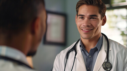 Within a modern clinic examination room, a male doctor in professional attire speaks earnestly to a patient, his comforting smile and positive demeanor easing any lingering anxieti - obrazy, fototapety, plakaty