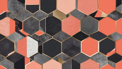 Modern abstract layout featuring hexagons in coral, bronze, and charcoal.