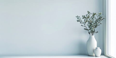 A white vase with flowers sits on a shelf in front of a white wall. The vase is the main focus of the image, and the white wall and shelf create a clean and minimalist look