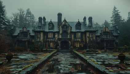 Cinematic shot of an enormous gothic mansion with black roof and green grass, surrounded by forest in the rain. Created with Ai