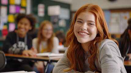 Seated at a desk alongside fellow classmates, a female high school student from the USA smiles warmly in a portrait that encapsulates the spirit of community and positivity within