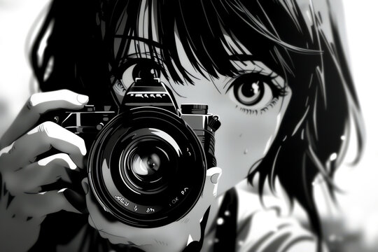 A girl is holding a camera and taking a picture of herself. The image has a black and white color scheme, which gives it a vintage and artistic feel