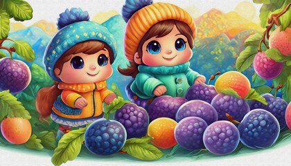 Fototapeta na wymiar oil painting style CARTOON CHARACTER CUTE BABY Children Exploring a fruits Patch on a Chilly Autumn Day