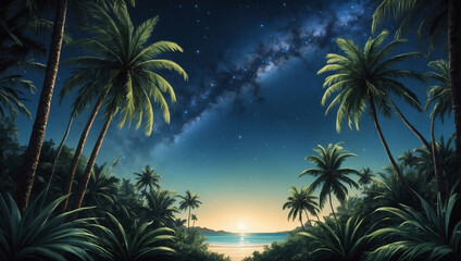 Fototapeta na wymiar Nighttime tropical scene framed by lush palm fronds against the starry sky.