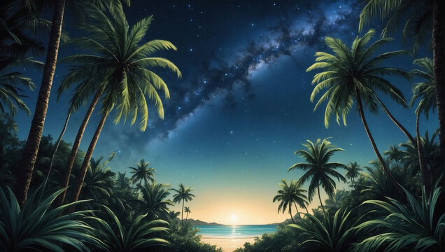 Nighttime tropical scene framed by lush palm fronds against the starry sky.