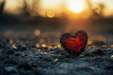 Fototapeta premium A heart is sitting on the ground in a field. The sun is setting in the background, casting a warm glow over the scene. The heart is surrounded by dirt and rocks, giving it a sense of isolation
