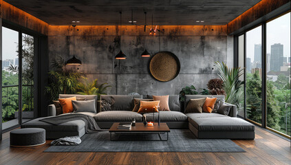 Modern interior design of a living room with a sofa and coffee table, concrete wall, floor-to-ceiling windows overlooking a jungle view. Created with Ai