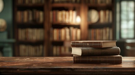 Close up book stack on wooden desk on blurred library room background. AI generated