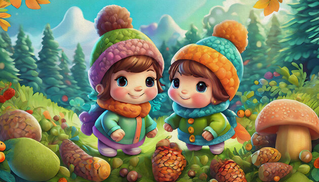 oil painting style cartoon character cute baby children exploring a acorn patch on a chilly autumn day
