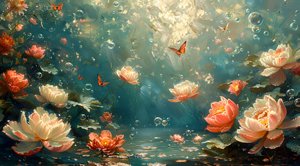 Beneath the Waves: Oil Painting Revealing the Enchanting Dance of Flowers and Butterflies Underwater