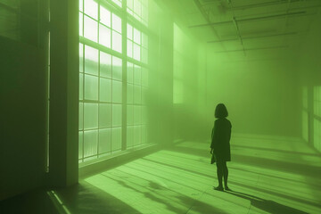 Fototapeta premium Silhouette of a Woman in an Abstract Illustration Against the Backdrop of an Abandoned Interior: Conceptual Artwork Depicting Solitude and Mystery