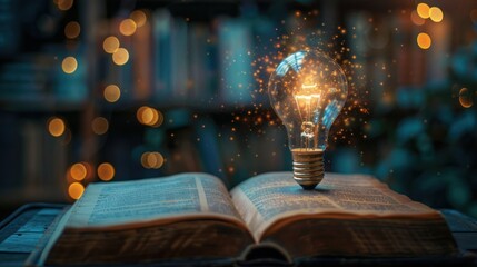 Bright light bulb on the retro old open book in dark bokeh blur background. AI generated image