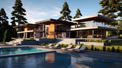 3d rendering of modern cozy house with pool and parking for sale or rent. Clear summer evening with blue sky.