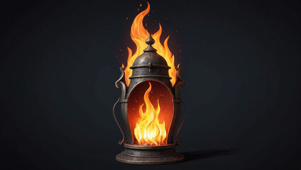 Realistic illustration of a medieval fire lamp ablaze with D flames.