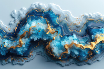 3D render of fluid marble shapes in dark blue and gold, flowing across the canvas on a white background. Created with Ai