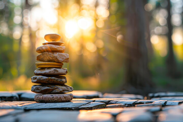 A stack of rocks with a gold coin on top. Concept of balance and harmony, as the rocks are stacked in a way that creates a stable structure