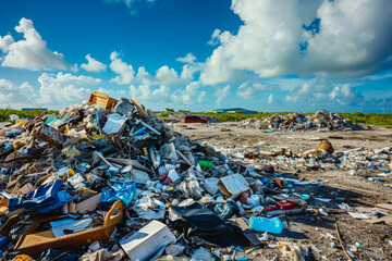 A pile of trash is on the ground, with a car in the background. Scene is one of waste and pollution, with the trash being a reminder of the negative impact humans have on the environment