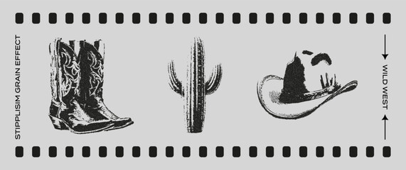 Cowboy hat, boots, a cactus with a grain effect. Fashionable retro aesthetics of the 90s-2000s. Photocopy grain effect.Vector.