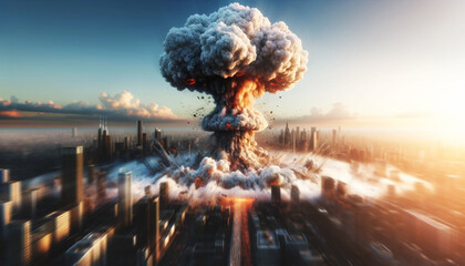Apocalyptic Cityscape with Explosive Destruction of Atomic Bomb - obrazy, fototapety, plakaty