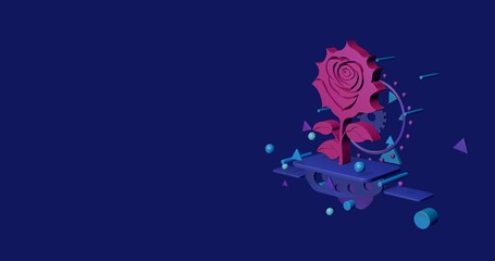 Pink rose flower on a pedestal of abstract geometric shapes floating in the air. Abstract concept art with flying shapes on the right. 3d illustration on indigo background