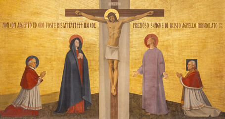 MILAN, ITALY - MARCH 48 2024:  The fresco of Crucifixino in the church Chiesa di San Gregorio...