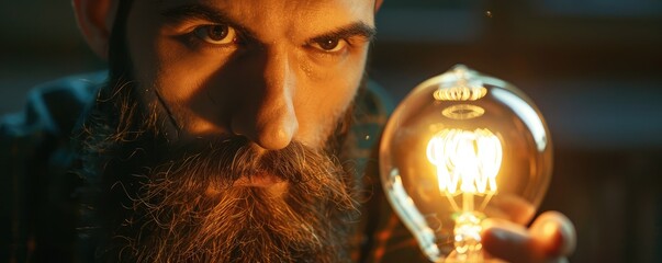 An illuminated light bulb with a heart-shaped filament symbolizes love, ideas, and inspiration. - obrazy, fototapety, plakaty