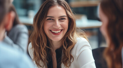 Mulher sorrindo em um escritório durante uma reunião  - obrazy, fototapety, plakaty