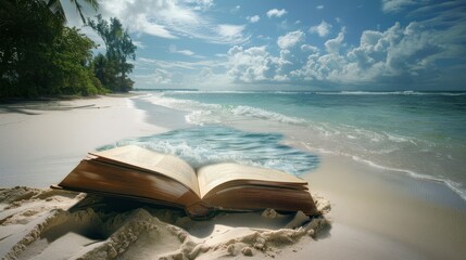 Old book on the sandy beach at sunset view background. AI generated image
