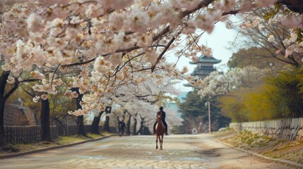 Beautiful sakura or cherry blossom blooming flower season at nature park landscape. AI generated