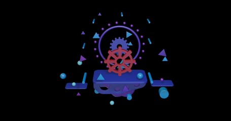 Red wheel symbol on a pedestal of abstract geometric shapes floating in the air. Abstract concept art with flying shapes in the center. 3d illustration on black background