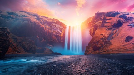 Panoramic waterfall with colorful sunlight during morning sunrise scene. AI generated image