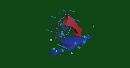 Red down arrow on a pedestal of abstract geometric shapes floating in the air. Abstract concept art with flying shapes in the center. 3d illustration on green background